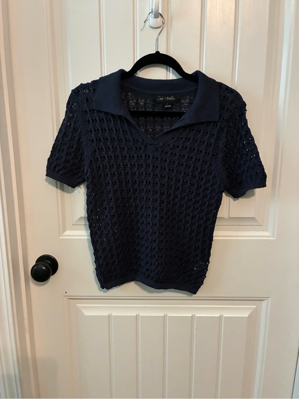 Open-Knit Short-Sleeve Polo Tee - Navy